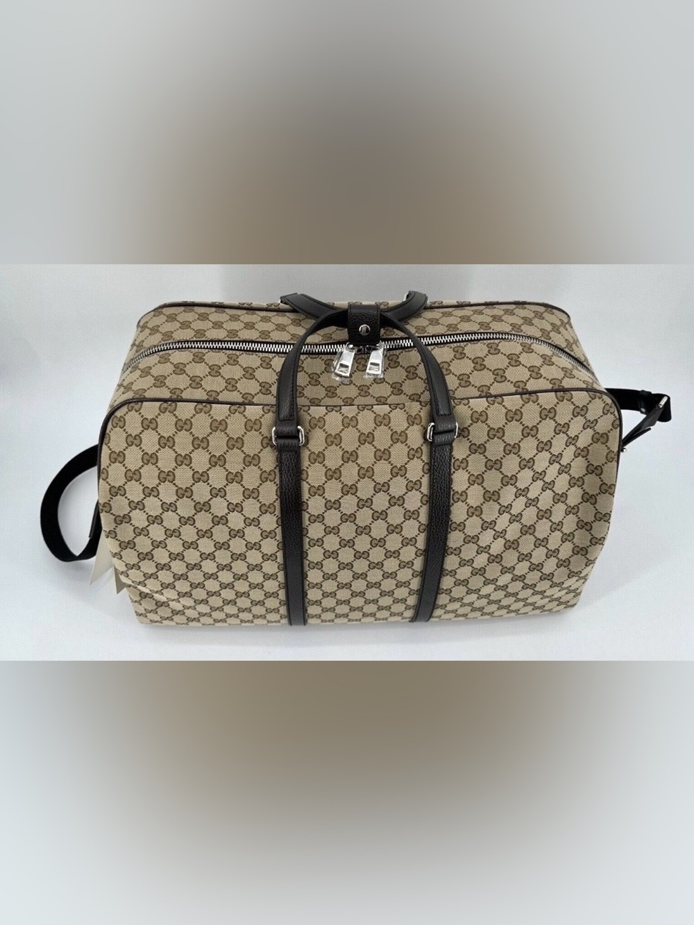 Authentic GUCCI Large GG Logo Beige Canvas Brown Leather Carry on Duffle Bag - Picture 4 of 16